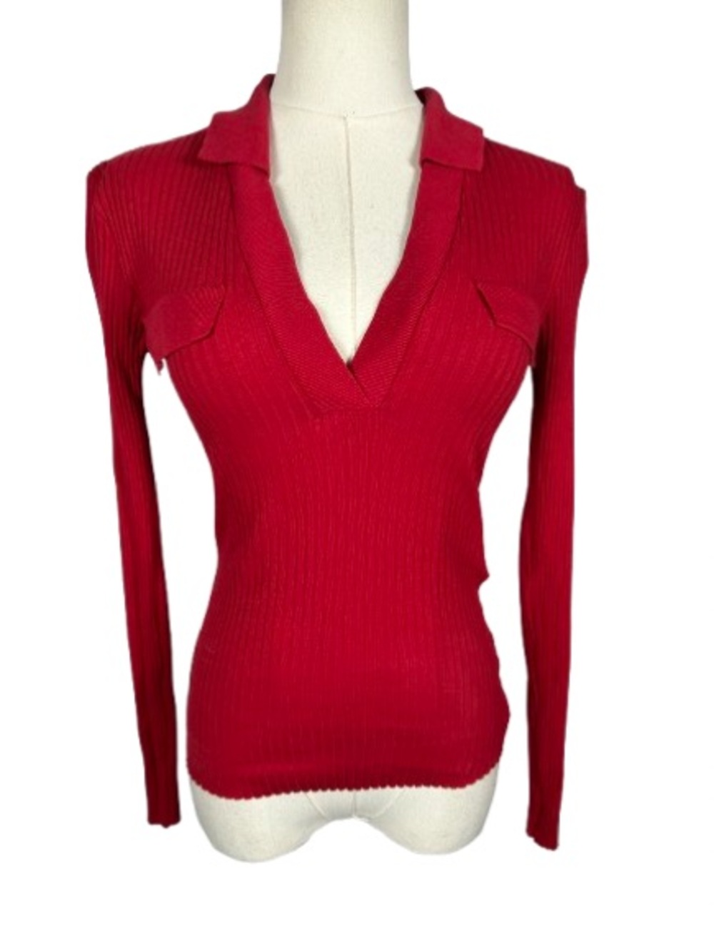 Zara Red Ribbed V-Neck Sweater with Collar Size S